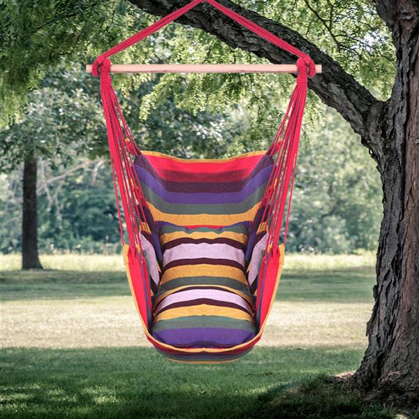 Hammock Chair - Cotton Canvas Hanging Rope Chair with Rainbow Pillows Red