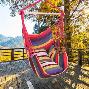 Hammock Chair - Cotton Canvas Hanging Rope Chair with Rainbow Pillows Red