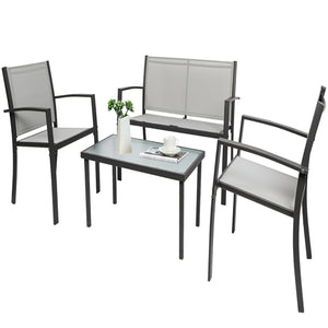 Grey Garden Furniture Set, 4 Piece Patio Furniture Glass Coffee Table 2 Textilene Armchairs 1 Double Seat Sofa Conversation Set, for Patio Outdoor Poolside