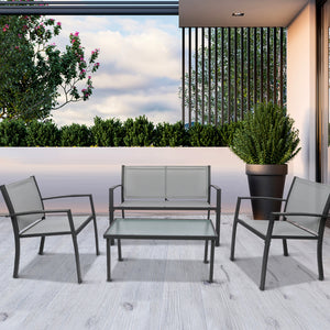 Grey Garden Furniture Set, 4 Piece Patio Furniture Glass Coffee Table 2 Textilene Armchairs 1 Double Seat Sofa Conversation Set, for Patio Outdoor Poolside