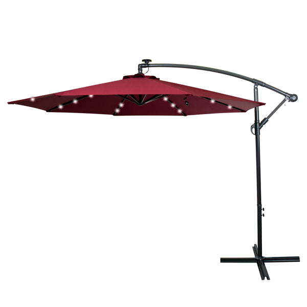 Luxury Garden Party 3M Garden Parasol with Solar-Powered LED Lights, Patio Umbrella with 8 Sturdy Ribs, Outdoor Sunshade Canopy with Crank and Tilt Mechanism UV Protection, Patio and Balcony Red