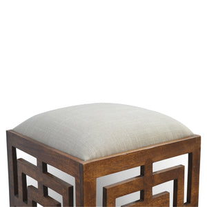 Hand Carved Square Footstool with Linen Seat Pad