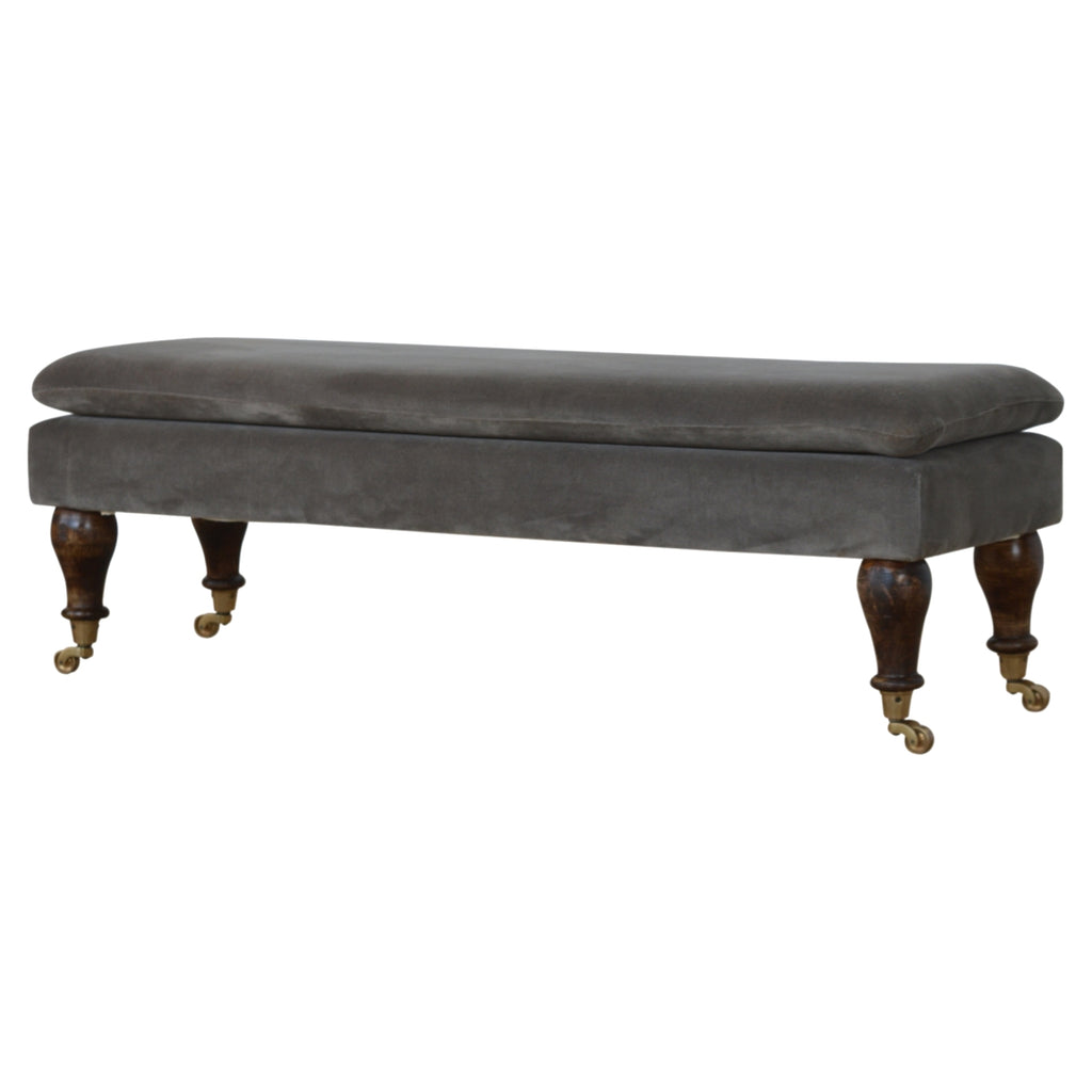 Grey Velvet Bench with Castor Feet