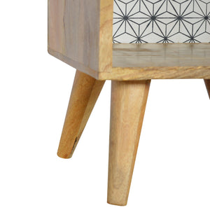 Solid Wood Bedside Table with 1 Glass Shelf and Geometric Screen